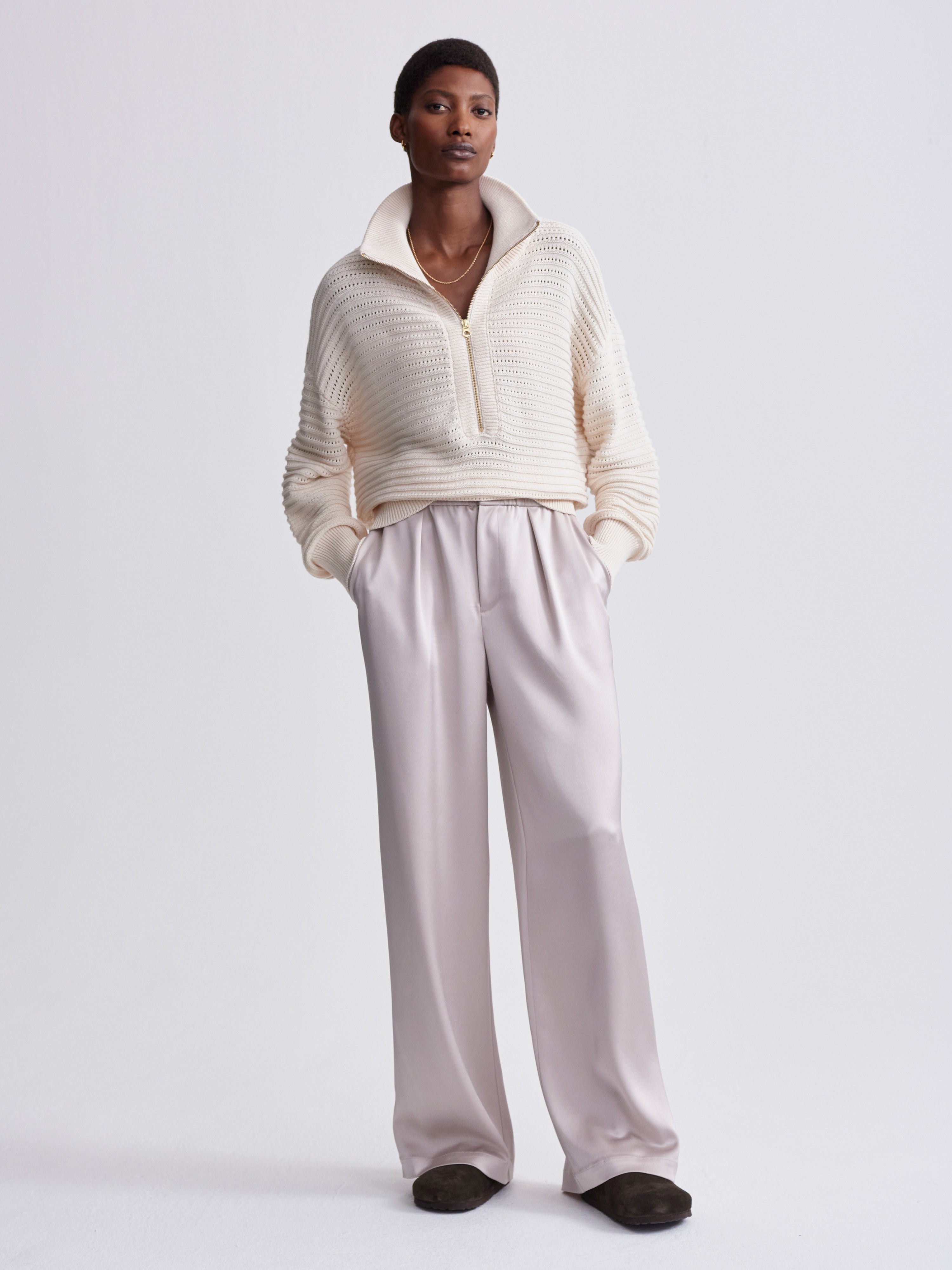 Tara Pointelle 1/2 Zip - Egret