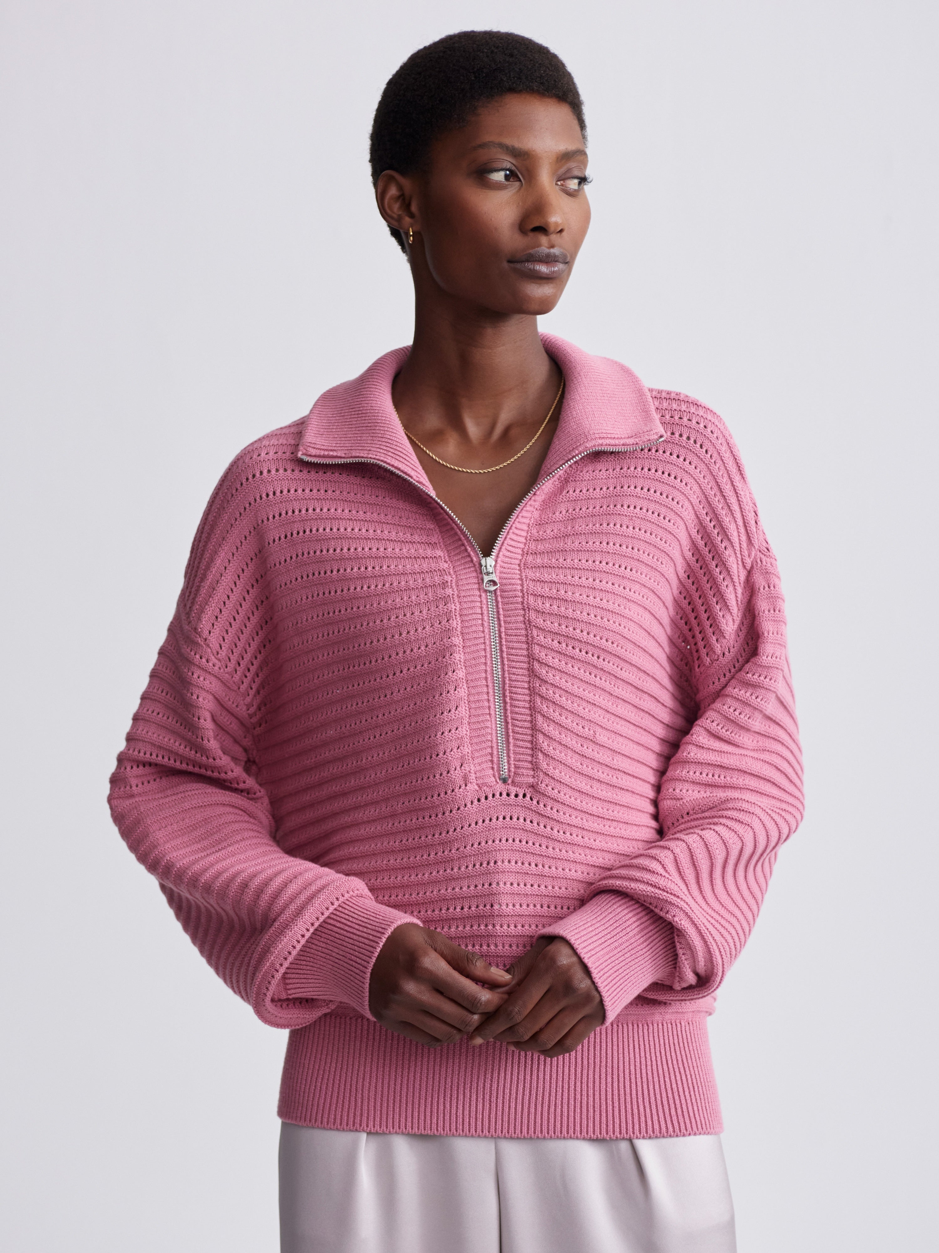 Tara Pointelle 1/2 Zip - Foxglove