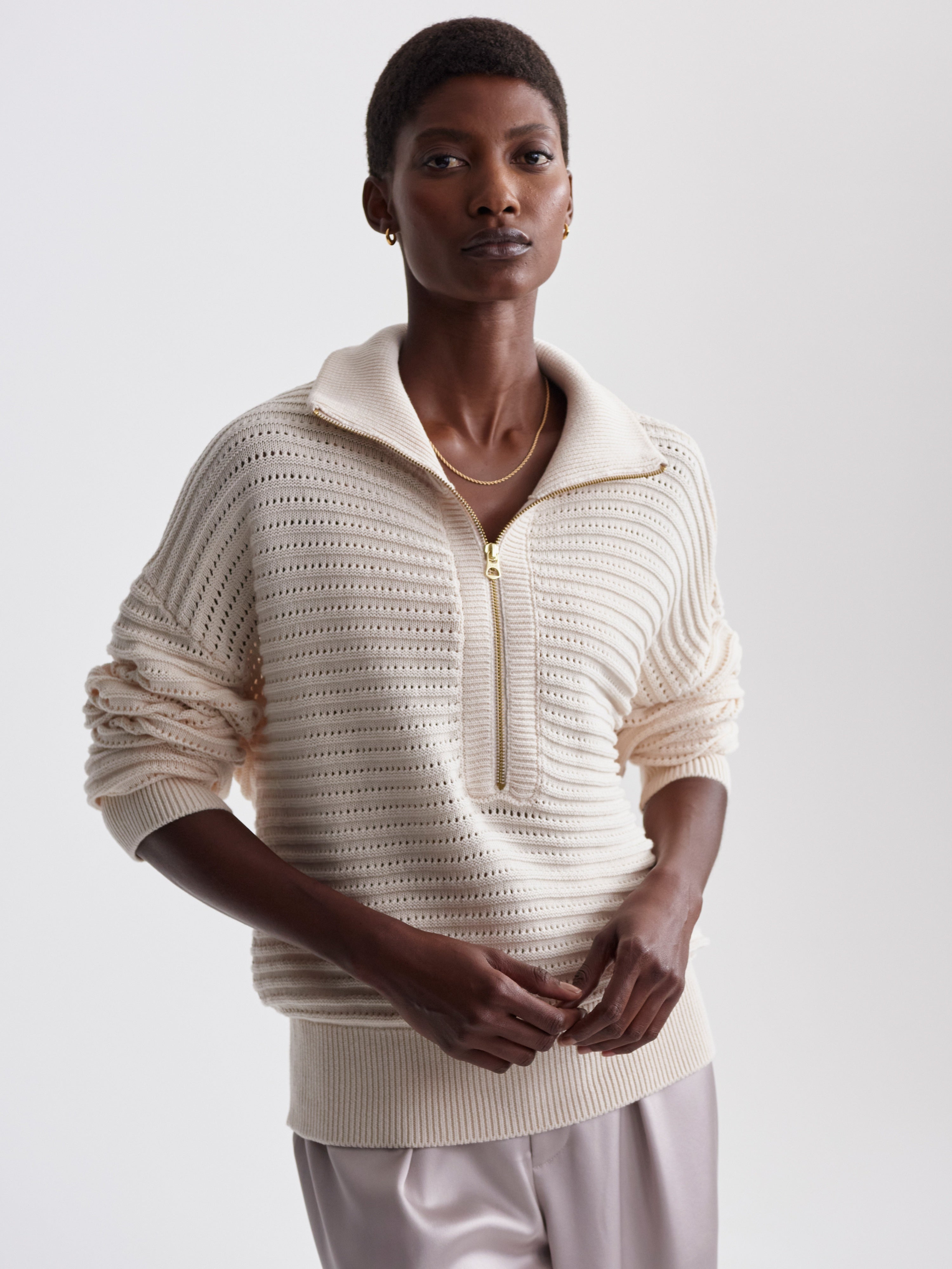 Tara Pointelle 1/2 Zip - Egret